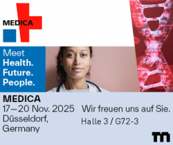 Attomol auf der MEDICA 2025 ? Banner mit MEDICA-Logo, Slogan ?Meet Health. Future. People.?, Veranstaltungstermin 17.?20. November 2025 in Düsseldorf, Deutschland, und Hinweis auf den Messestand Halle 3 / G72-3.